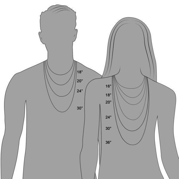 Jewelry size guide with measurements and illustrations to help determine the appropriate sizes for rings, necklaces, bracelets, and earrings.