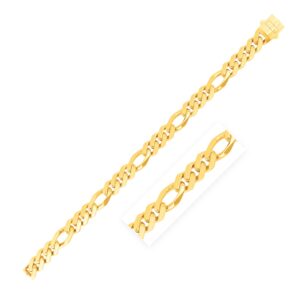 Stylish 14k yellow gold high polish modern Lite Figaro chain, 9.50 mm wide, featuring alternating short and long links for a contemporary and elegant appearance.