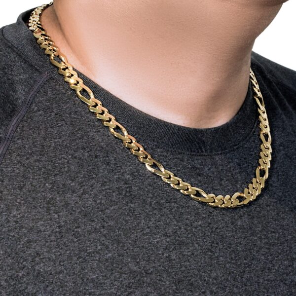 Stylish 14k yellow gold high polish modern Lite Figaro chain, 9.50 mm wide, featuring alternating short and long links for a contemporary and elegant appearance.