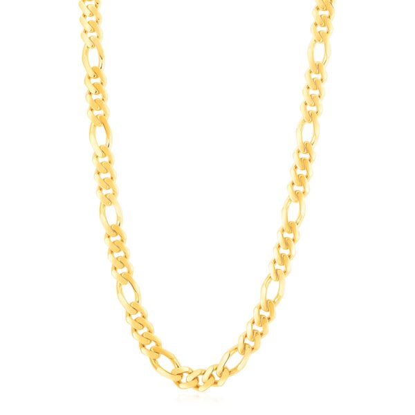 Stylish 14k yellow gold high polish modern Lite Figaro chain, 9.50 mm wide, featuring alternating short and long links for a contemporary and elegant appearance.